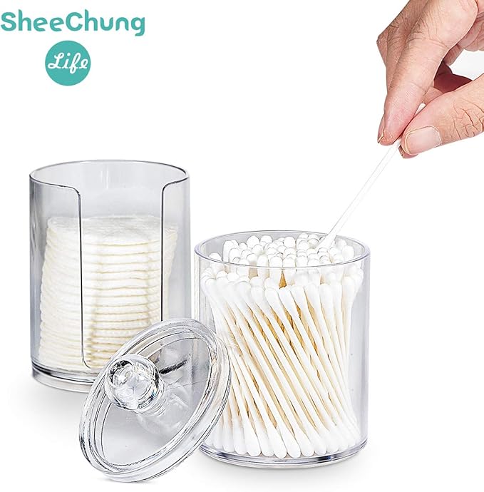 SheeChung 2-Pack Clear Acrylic Qtip Holder - Shatterproof Apothecary Jars for Bathroom Organization - Vanity Storage Canisters for Cotton Swabs, Balls, Pads, Floss Picks - Modern Decor