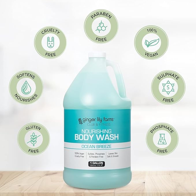 Ginger Lily Farms Club & Fitness Nourishing Body Wash, 100% Vegan & Cruelty-Free, Ocean Breeze Scent, 1 Gallon Refill (Pack of 4)