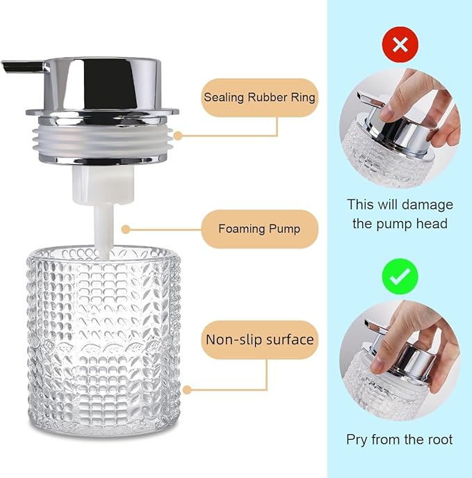 Foaming Hand Soap Dispenser, 10 oz Refillable Clear Glass Foam Soap Dispenser with Large Pump Bottle Container for Kitchen and Bathroom,1 pc