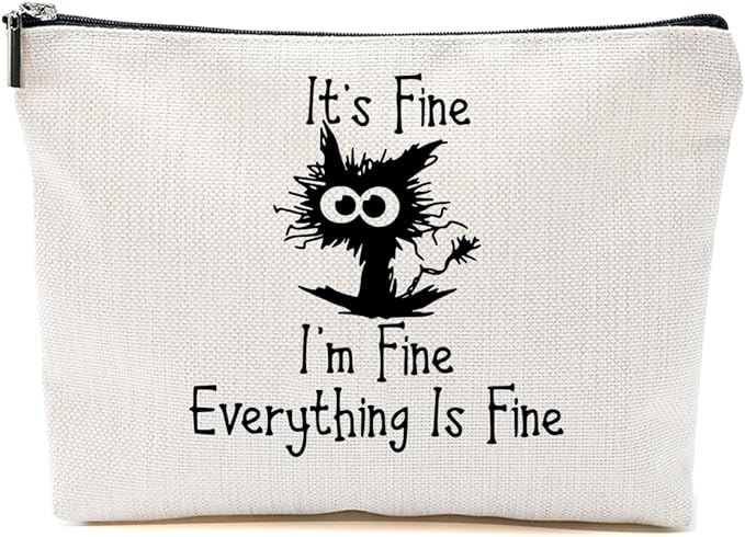 Black Cat Gifts for Women Makeup Bag, It's Fine I'm Fine Everything is Fine Funny Cat Cosmetic Bags Zipper Travel Toiletry Pouch Best Gifts Idea for Cat Lovers Teen Girls, Funny Makeup Bag