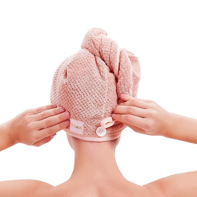 2 Pack Microfiber Hair Towel Wrap,Hair Drying Towel with Button, Hair Towel Turban,Quick Dry,Anti-frizz,Absorbent Head Towel (Pink&Beige)
