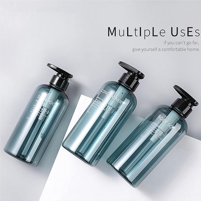 Refillable Shampoo and Conditioner Bottles, 10oz/300ml Shampoo Conditioner Body Wash Dispenser for Hotel Bathroom, 3pcs Plastic Shampoo Bottles with Pump (Blue)