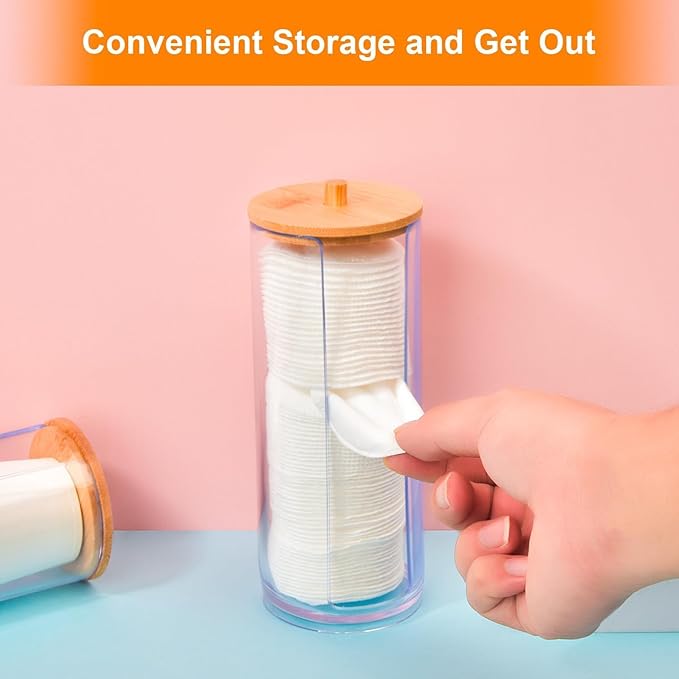 2 PCS Cotton Swab Dispenser, Pad Holder with Bamboo Lids, Qtip Bathroom Qtip Storage Container Bathroom Canisters with Lids, Cotton Round Dispenser for Floss Hair Ties Jewelry