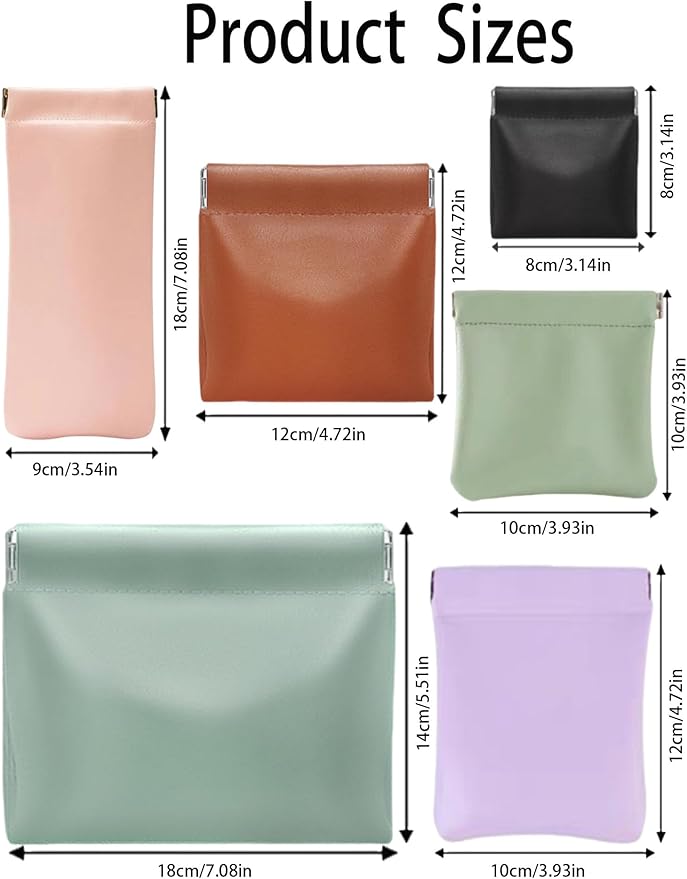 6 Pcs Small Makeup Bag for Purse, Snap Closure Organizer Pouch, Portable No Zipper Self-Closing Pouches for Travel Storage Bag Mini Pu Leather Pouches For Cosmetics Headphones Jewelry (Mix colors)