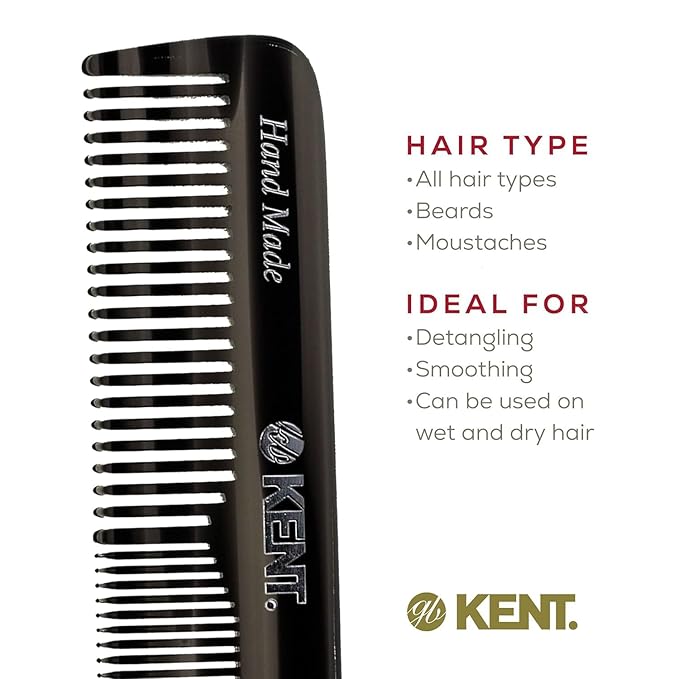 Kent OT 4.5 Inch Small Graphite Double Tooth Hair Pocket Comb, Fine/Wide Tooth Comb For Grooming Styling Hair, Beard and Mustache, for Men, Women and Kids. Saw Cut Hand Polished. Handmade in England