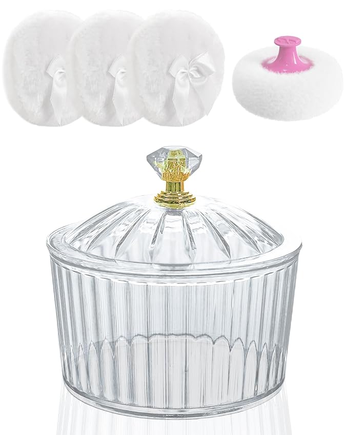 5Pcs Dusting Powder Container with Puff Set - 4 Pcs 3.15 inche Large Fluffy Puff, Leak-Proof Acrylic Case & Ergonomic Handle for Baby Care & Makeup (Body/Face Powder Applicator)