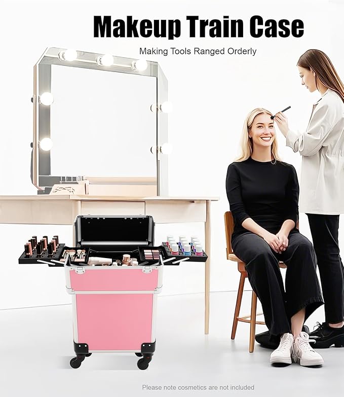 Pink Rolling Makeup Case, Professional Cosmetic Box Storage on Wheels, Large Make Up Train Carrying Cases w/4 Organizer Trays, Cosmetic Case Trolley with Locks for Makeup/Nail Art/Hair Styling
