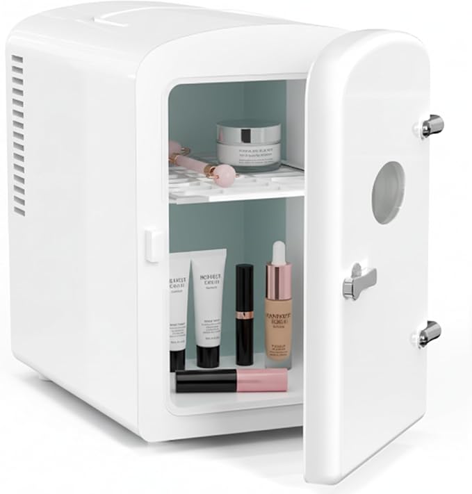 HealSmart 6L Mini Fridge with Observation Window, 9 Can Capacity, Freon-Free and Portable Cooler and Warmer, Cosmetics/Food/Beverage, White New