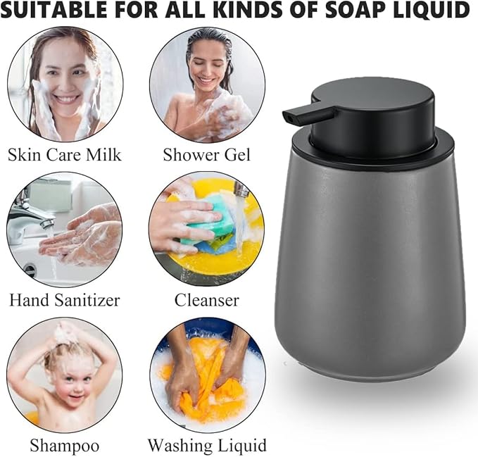 12Oz Grey Foaming Soap Dispenser - Ceramic Foam Hand Soap Dispenser with Easy-to-Press Black Pump, Refillable Bathroom Lotion Soap Dispenser, Dish Soap Dispenser for Kitchen Hand Wash Dispenser