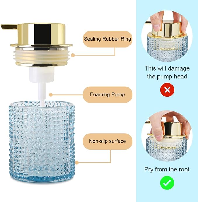 Foaming Soap Dispenser, 2pcs Blue Glass Foam Soap Dispenser with Gold Pump, Refillable 10oz Lotion Liquid Container Pump Bottle for Bathroom Kitchen Countertop