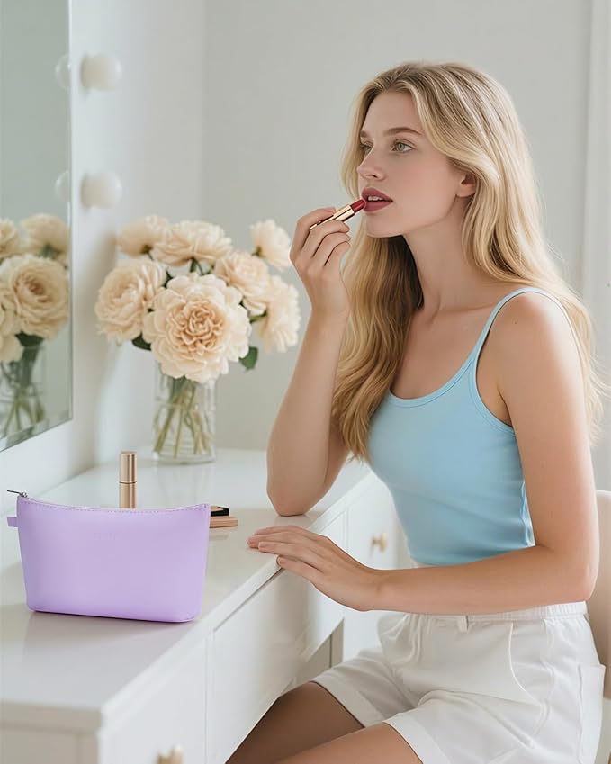 WANDF Cosmetic Bag for Women Makeup bag Organizer Mini Makeup Pouch for Purse Water Resistant Leathe Small(M-Purple)