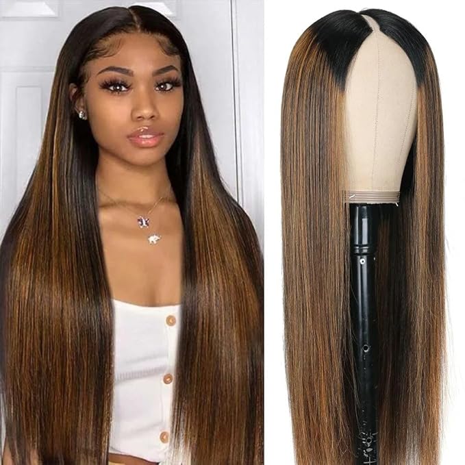 Highlight Ombre V Part Wigs Human Hair Straight Brazilian Virgin Human Hair Wigs Balayage Blonde Upgrade U Part Wigs 180% Density Glueless Full Head Clip In Half Wig 26inch #FB30