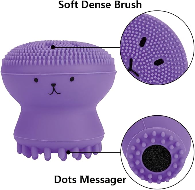 Facial Cleansing Brush Jellyfish Exfoliating Face Brush Handheld Massaging Cute Small Octopus Shape Facial Scrubber Spin Cleanser Massage Baby Shampoo Brush Exfoliate Skin for Men Women(púrpura)