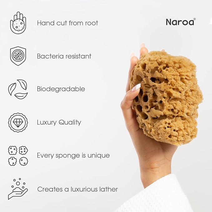 Naroa Massage Natural Shower Sponge | Unbleached Body Scrubber Puff | Bath Sea Loofah for Healthy Skin | Sustainable Plastic Free (Medium)