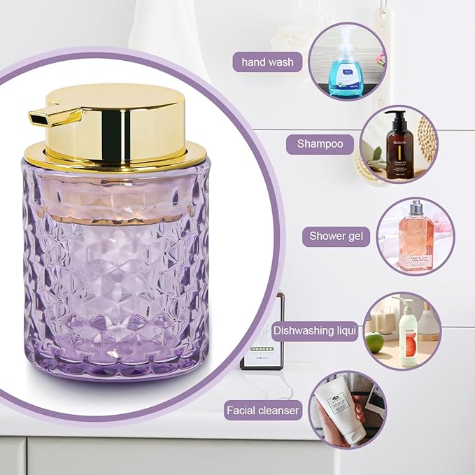 Purple Glass Foaming Soap Dispenser, Bathroom Refillable 10 Oz Foam Hand Soap Dispenser, Vintage Lotion Shampoo Container Gold Large Pump Bottle for Bathroom Countertop and Kitchen Decor