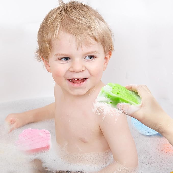 Baby Bath Sponge, Natural Cute Shapes Soft Shower Sponges for Bathing, Bathtub Foam for Infants and Toddler, 3pcs : Blue Whale, Pink Ship, Green Dinosaur