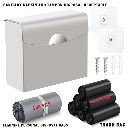 Sanitary Napkin Receptacle with Hygiene Disposal Bags and Trash Bag, 9.4x7.8x3.5 inches Stainless Steel Wall Mounted Feminine Hygiene Bin for Bathroom, Office (Silver)