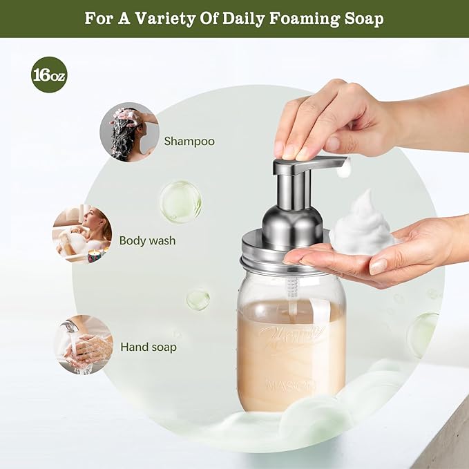 Amolliar Plastic Mason Jar Foaming Soap Dispenser with Pump Lid,16OZ Refillable Hand Soap Dispenser with Cute Lables - Farmhouse Decor for Kitchen/Bathroom, Lotion Dish Soap (1 Pack, Silver)