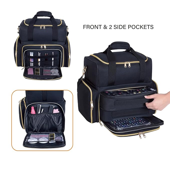 Nail Polish Organizer Case Holds 80 Bottles(15ml/0.5fl.oz) Portable Travel Storage Box with 2 Detachable Bags, Designed for Women's Nail Tools, Essential Oils and Cosmetics Sets(Black)