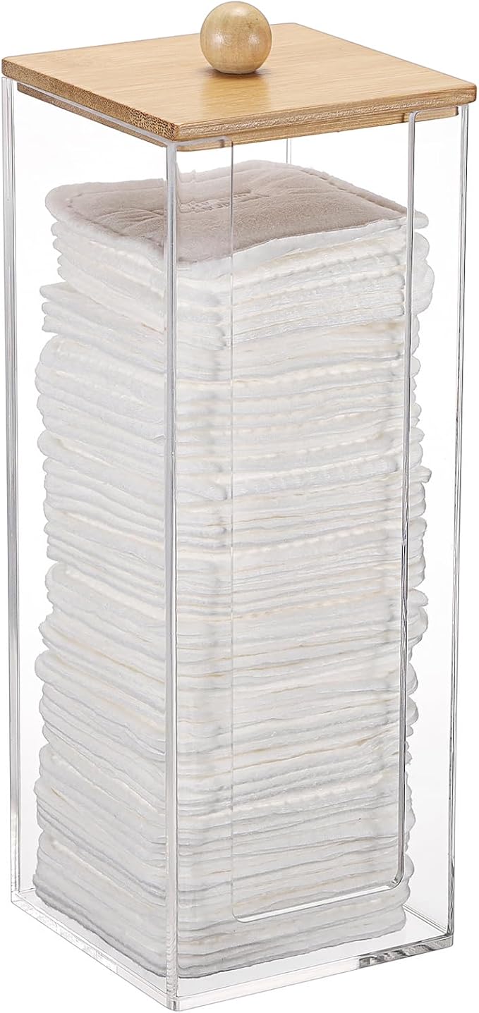 Acrylic Clean Pad Storage Box Vertical Cotton Pads Holder Square Makeup Pad Dispenser with Lid Clear Bathroom Countertop Vanity Organizer