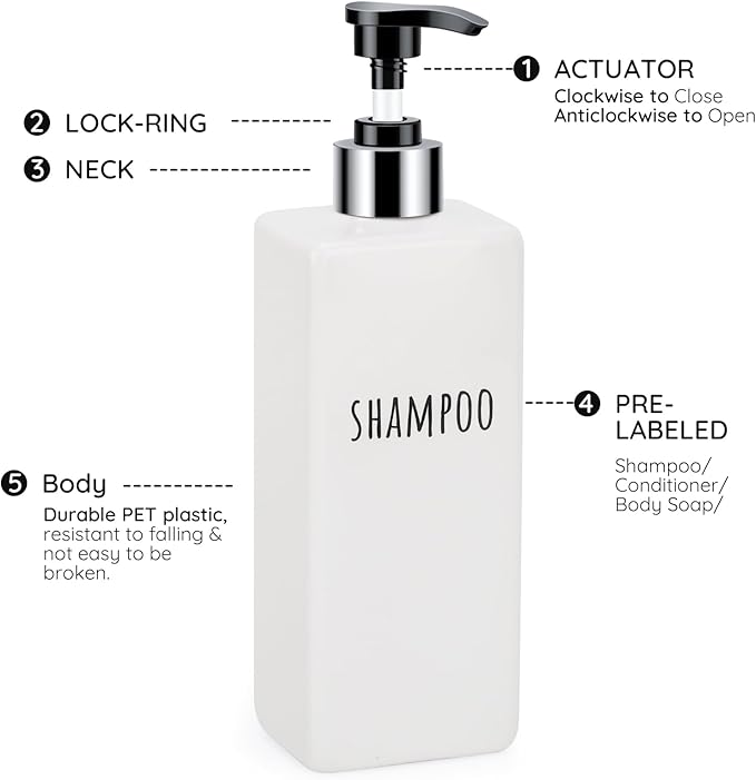 Segbeauty Plastic Shampoo and Conditioner Bottles, Set of 6 Refillable Bathroom Shampoo Dispenser Set, 16.9oz Empty Square Body Wash Dispenser for Shower Bathroom, Liquid Lotion Dispenser for Kitchen