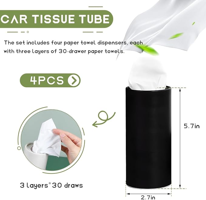 4 PCS Car Tissue Holder, Quick Convenient Refill Cylinder Facial Tissue Holder, Travel Tissues Box Round Container Suitable for Car Cup Holder, Universal Car Accessories (Black)
