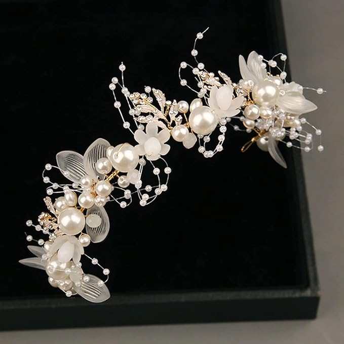 Wedding Hair Accessories for Kids, Flower Girl Accessory, Princess Headpiece White Headband Pearl and Girls Cute Bridal Band, Women's Fashion Headbands, Flower Pearl Gold
