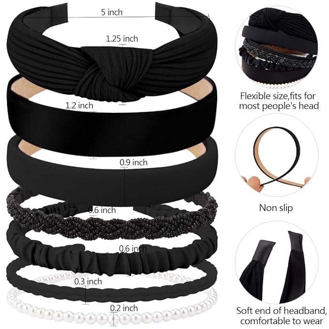 AHONEY 7 Pack Black Headbands for Women Girls Headbands Non Slip Hairbands Cute Hair Accessories Multi-style Headband Pack Diademas Para Mujer (Black)