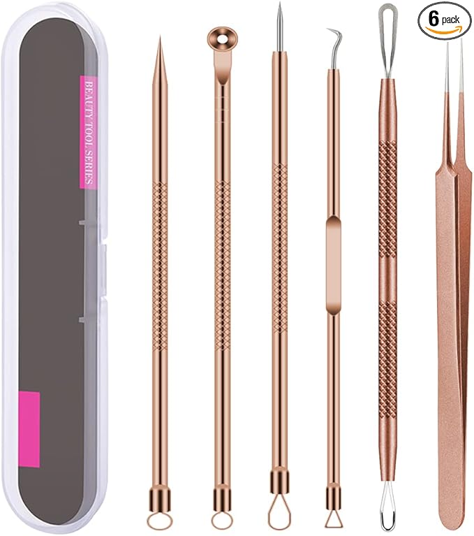 Pimple Popper Tool Kit, 6 Pcs Blackhead Remover Acne Needle Tools Set Removing Treatment Comedone Whitehead Popping Zit for Nose Face Skin Blemish Extractor Tool - Rose Gold
