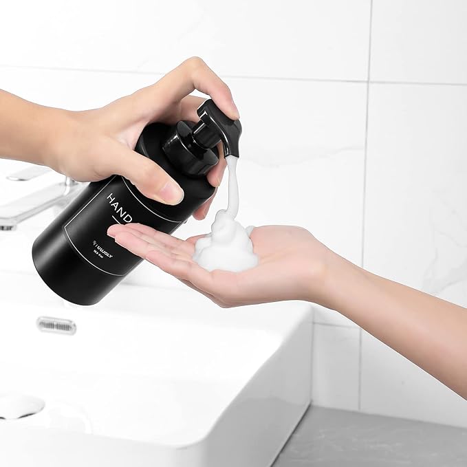 UUJOLY Foaming Soap Dispenser, 17 OZ Refillable Plastic Soap Pump Bottle for Liquid Soap, Shampoo, Body Wash, 2 Pcs, Black