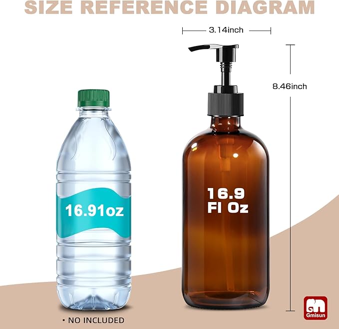 GMISUN Glass Shampoo and Conditioner Dispenser, Shower Soap Dispenser Bottles with Labels, Refillable Shampoo Conditioner Body Wash Dispensers, Amber Glass Soap Pump Dispenser Set for Bathroom Shower