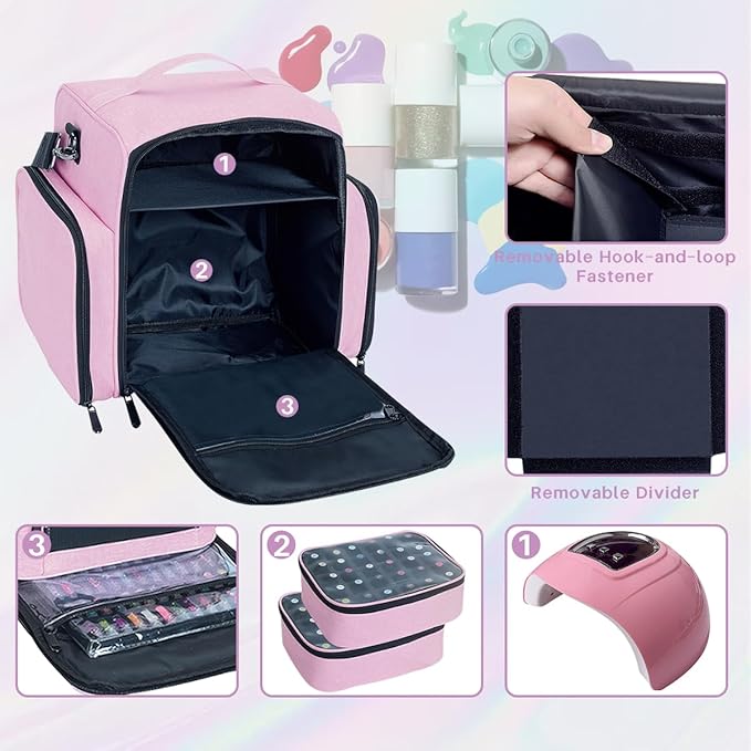Nail Polish Organizer Holds 60 Bottles and a Nail Lamp,Portable Travel Case with 2 Removable Bags and Tools Storage Pockets Pink