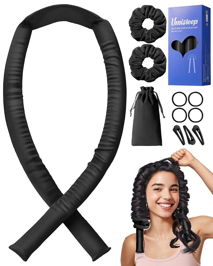 Umisleep 22 Momme Mulberry Silk Heatless Curls Overnight, Heatless Hair Curler to Sleep In, for Women Long Hair, Hair Care Roller Gift Set, Upgraded Soft with Clips & Scrunchies, Black