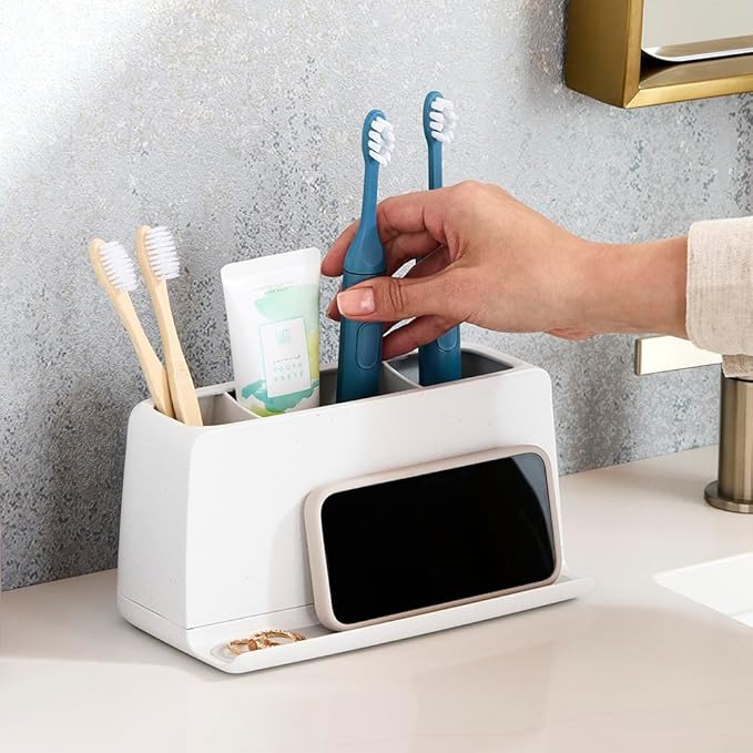 YouCopia The Ledge Toothbrush Holder, 3-Slot, Bathroom Vanity Counter Organizer with Cord Slots, Removable Base and Storage for Phones, Toothpaste and Accessories