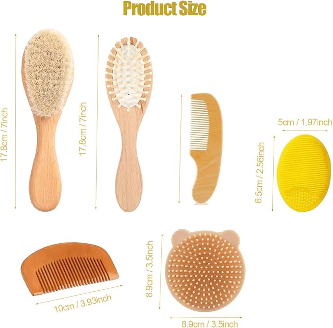 6 Piece Baby Hair Brush & Comb Set, Natural Bamboo & Goat Bristle for Cradle Cap Care, Newborn to Toddler Grooming Kit with Silicone Scrubbers for Scalp Massage