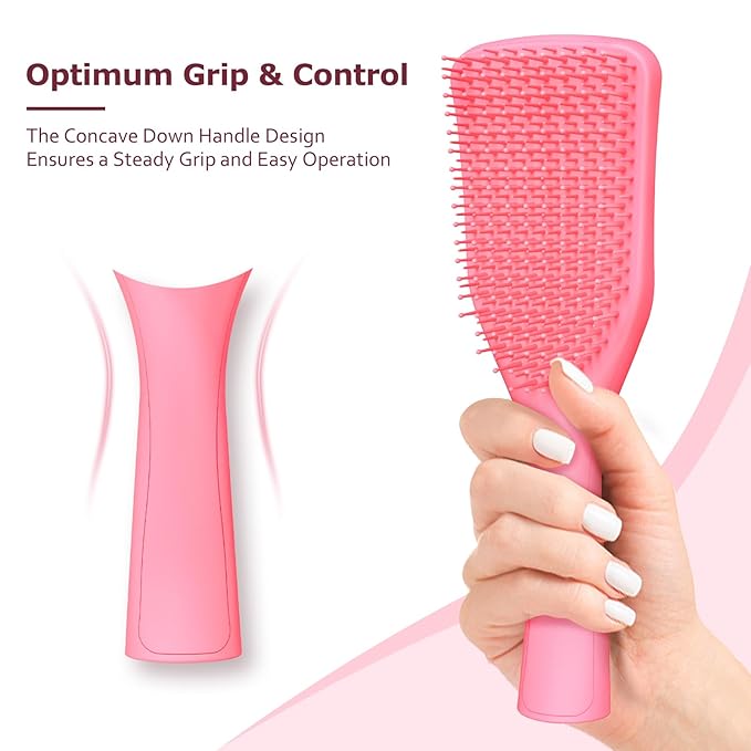 No Tangle Hair Brush for Wet or Dry, Wave-Shaped Detangler to Reduce Breakage, Lightweight Travel Hairbrush for Wavy, Thin, Long and Short Hair, Pink