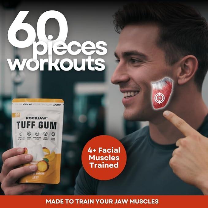 ROCKJAW® Jawline Gum - Tuff Gum 2.0 with B Vitamin Complex - 100% Xylitol, Aspartame Free, Sugar Free - Exotic Mango (Stim-Free) - 2 Months Supply