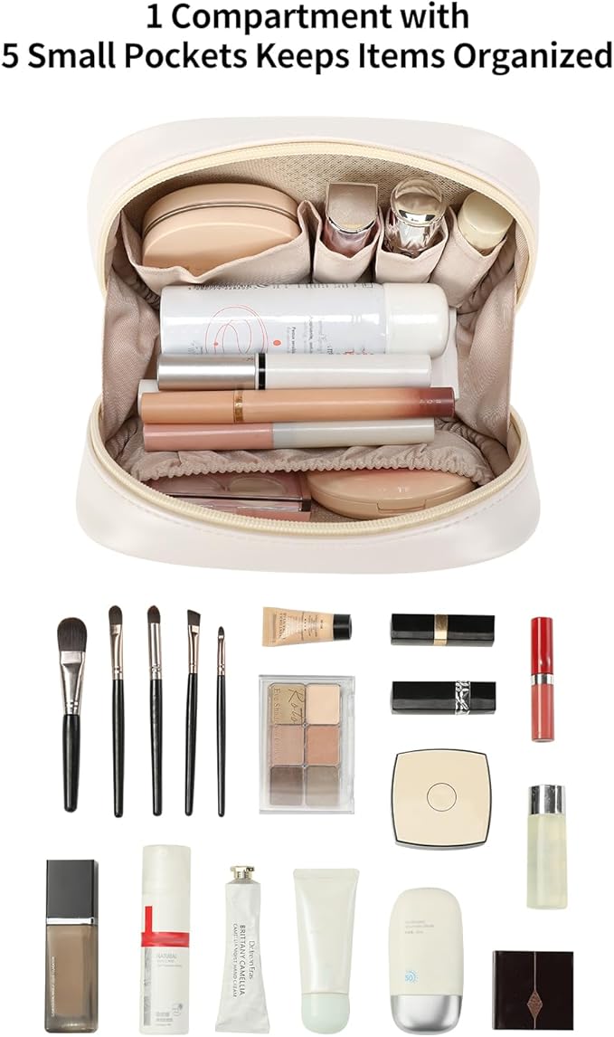RIGHT AWAY Small Makeup Bag for Purse,Travel Cosmetic Bag Organizer for Women,Cute Make Up Pouch Waterproof Toiletry Bag with Zipper,Portable Makeup Case Skincare Bag for Travel Accessories(White)