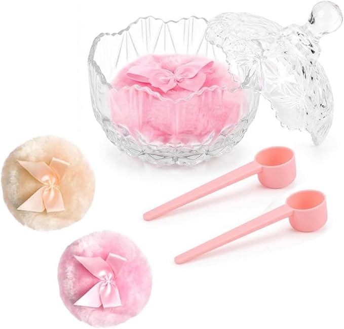 Body Powder Puff and Container, Soft Powder Puff,Glass Box for Dust Puff,Powder Puff for Body Powder,Powder Puff Wet Dry Makeup,Powder Applicator With Case for Dusting Powder (clear)