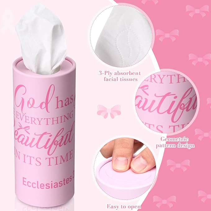 Outus 12 Pcs Christian Car Tissues Cylinder Holder with 3 Ply Facial Tissue Bulk Pink Bow Religious Round Tissue Holder Inspirational Scripture Travel Tissues Boxes Container for Car Cup Home Office