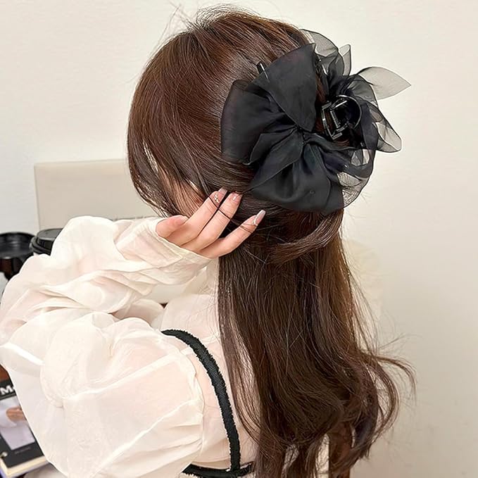 Black Mesh Tulle Bowknot Hair Claw Clips - Large Chiffon Clips for Women's Thick Hair, Elegant Hair Accessories