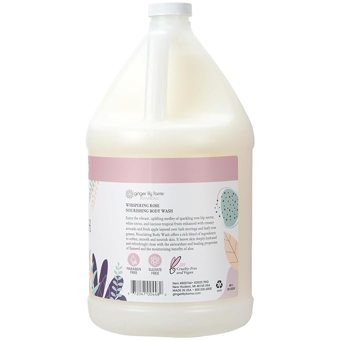Ginger Lily Farms Botanicals Nourishing Body Wash, 100% Vegan & Cruelty-Free, Whispering Rose Scent, 1 Gallon (Pack of 4)