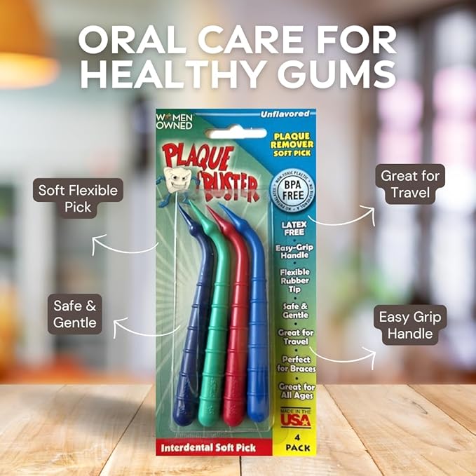 Plaque Buster (4 Count) Soft Interdental Pick, Gum Stimulator & Plaque Remover, Made in USA, for Oral Health and Healthy Gums, Multi-Colored
