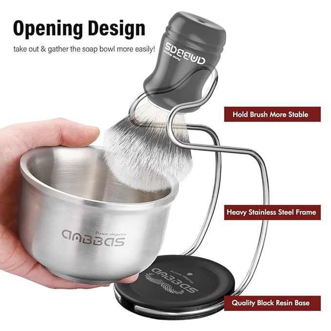 Anbbas Synthetic Badger Hair Shaving Brush,Stainless Steel Shaving Soap Bowl and Higher Brush Holder Stand Set for Men Wet Shave