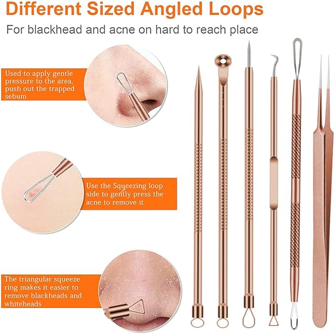 Pimple Popper Tool Kit, 6 Pcs Blackhead Remover Acne Needle Tools Set Removing Treatment Comedone Whitehead Popping Zit for Nose Face Skin Blemish Extractor Tool - Rose Gold