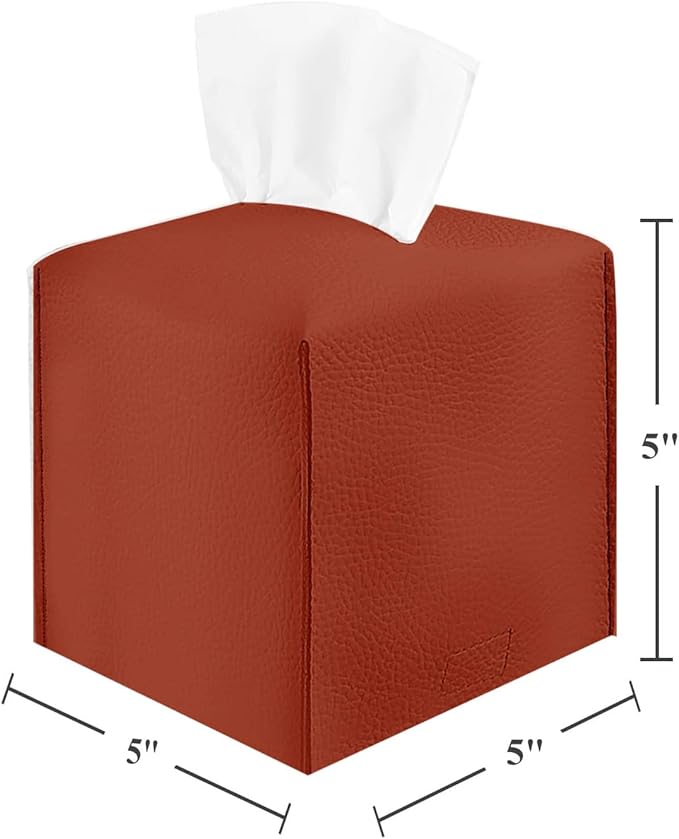 2 Pack, VIVIDLY Tissue Box Cover Holder, Square Modern PU Leather Tissue Box Holder, Can be Used for Bathroom Dressing Table, Bedside Table, Office Desk & Car 5"X5"X5"- (2, Reddish Brown)