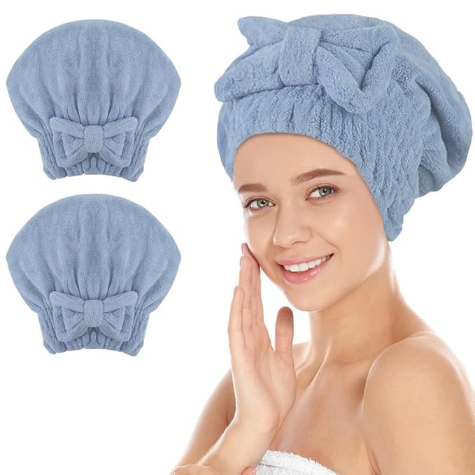 SUNLAND Large Microfiber Hair Drying Caps with Bow Knot Fast Drying Shower Cap Soft and Absorbent hairWrap Hair Turban Bath Caps for Curly Thick and Wet Hair
