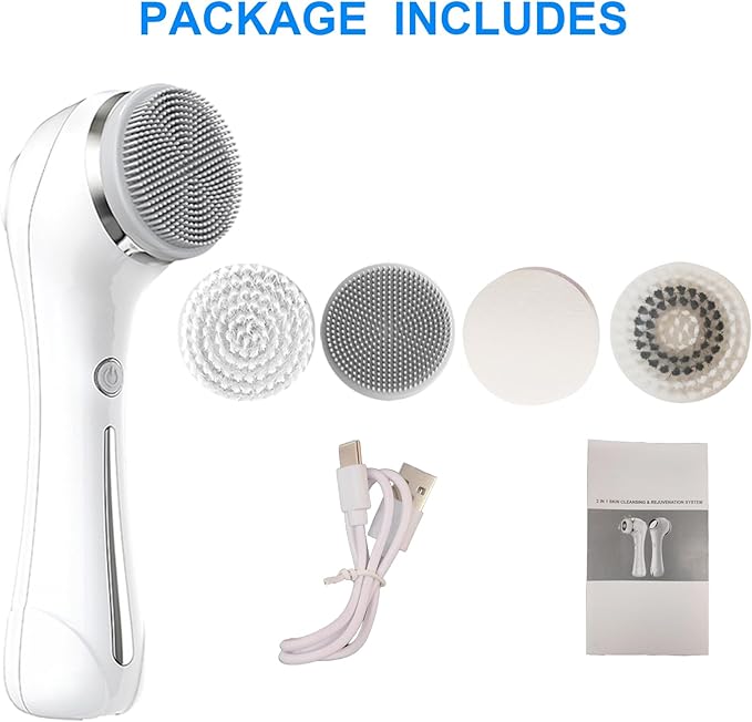 Facial Cleansing Brush, 2 in 1 Ｗaterproof IPx7 Facial Spin Scrubber Set with 4 Brush Heads, Rechargeable Exfoliating Face Brush Deep Cleansing, Gently Exfoliate and Remove Blackhead