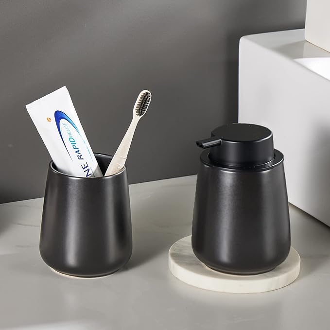 12Oz Black Foaming Soap Dispenser - Ceramic Foam Hand Soap Dispenser Set with Easy-to-Press Pump, Refillable Liquid Dish Soap Dispensers for Bathroom and Kitchen, 2 Pack