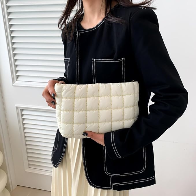 Puffy Quilted Makeup Bag for Women, Cosmetic Bag, Travel Toiletry Organizer Pouch Clutch (white)